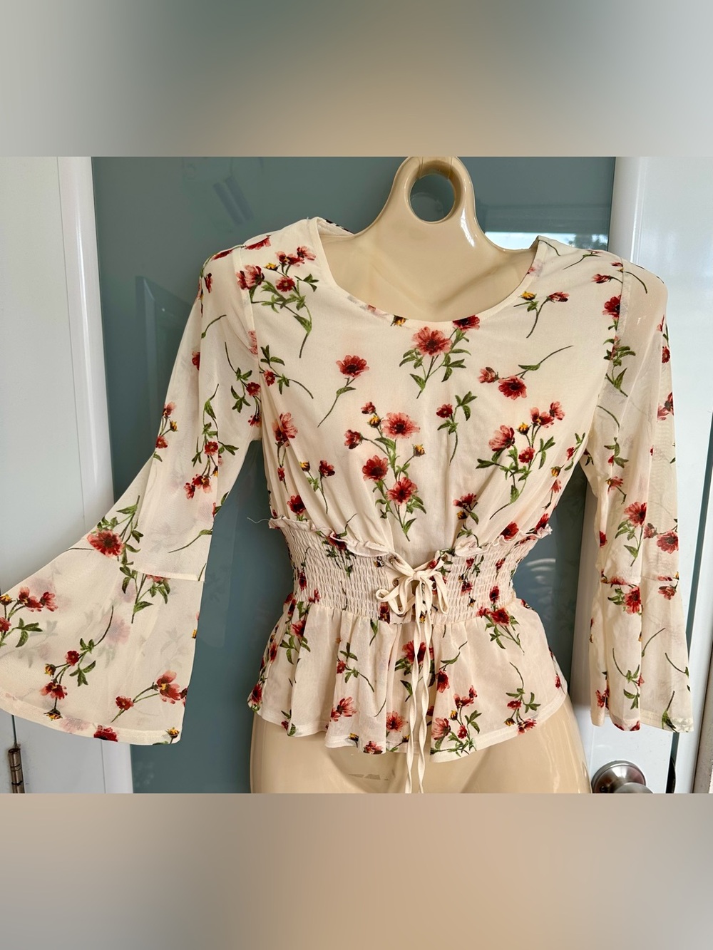 Allie Rose Peplum Blouse - Cream with Red Floral